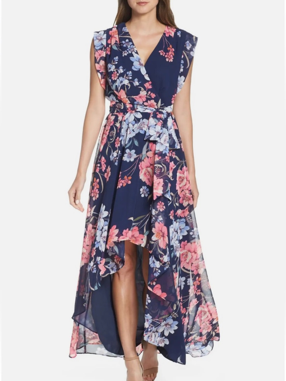 Eliza J Floral Printed High-Low Hem Faux Wrap Midi Maxi Dress size 4